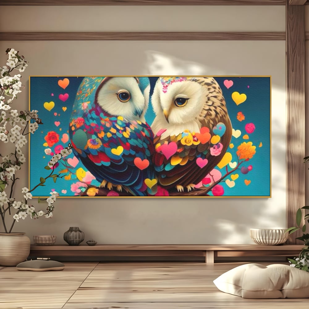 Tablou canvas cu tablou canvas cu doua bufnite colorate si inimi, in rama de aluminiu auriu